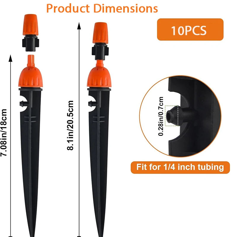 Adjustable 2-in-1 Drip Spray Stake Emitter 360° Mist Nozzle Garden Auto Watering Irrigation Stake for Greenhouse Lawn Plant Pots