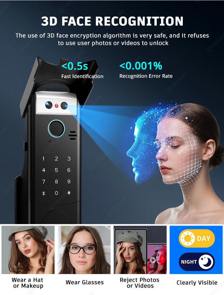 Tuya WiFi APP 3D Face Recognition Fingerprint Smart Lock Waterproof Gate Iron Door RFID Digital Face Recognition Lock For home