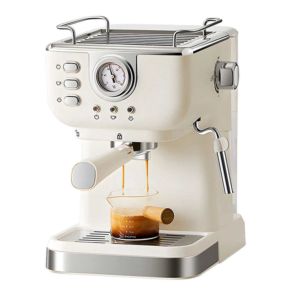 Cream retro espresso machine with pressure gauge, steam wand, and portafilter brewing coffee into a glass cup.