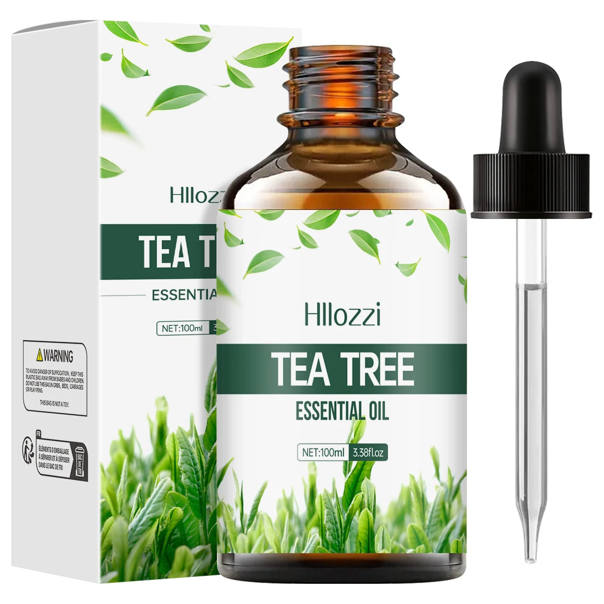 Tea tree essential oil 100ml bottle with dropper and box, amber glass, green label
