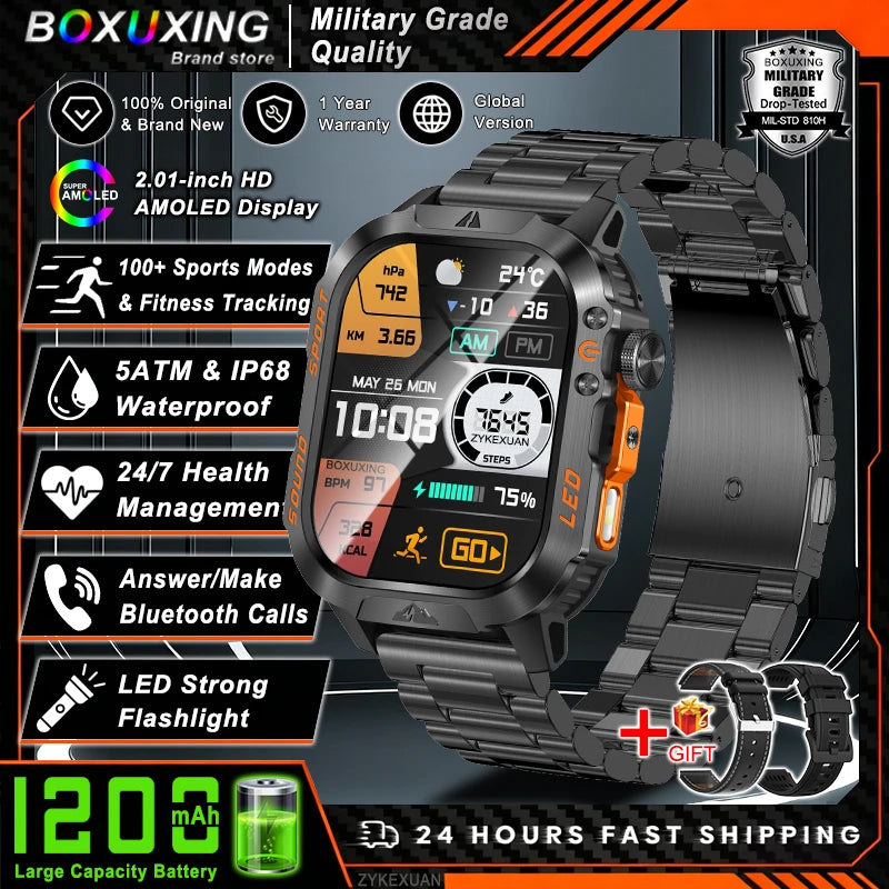 New Military Grade 1200mAh Battery Smartwatch Men 5ATM Waterproof Sports Tracker Flashlight Heart Rate AMOLED Screen Smart Watch