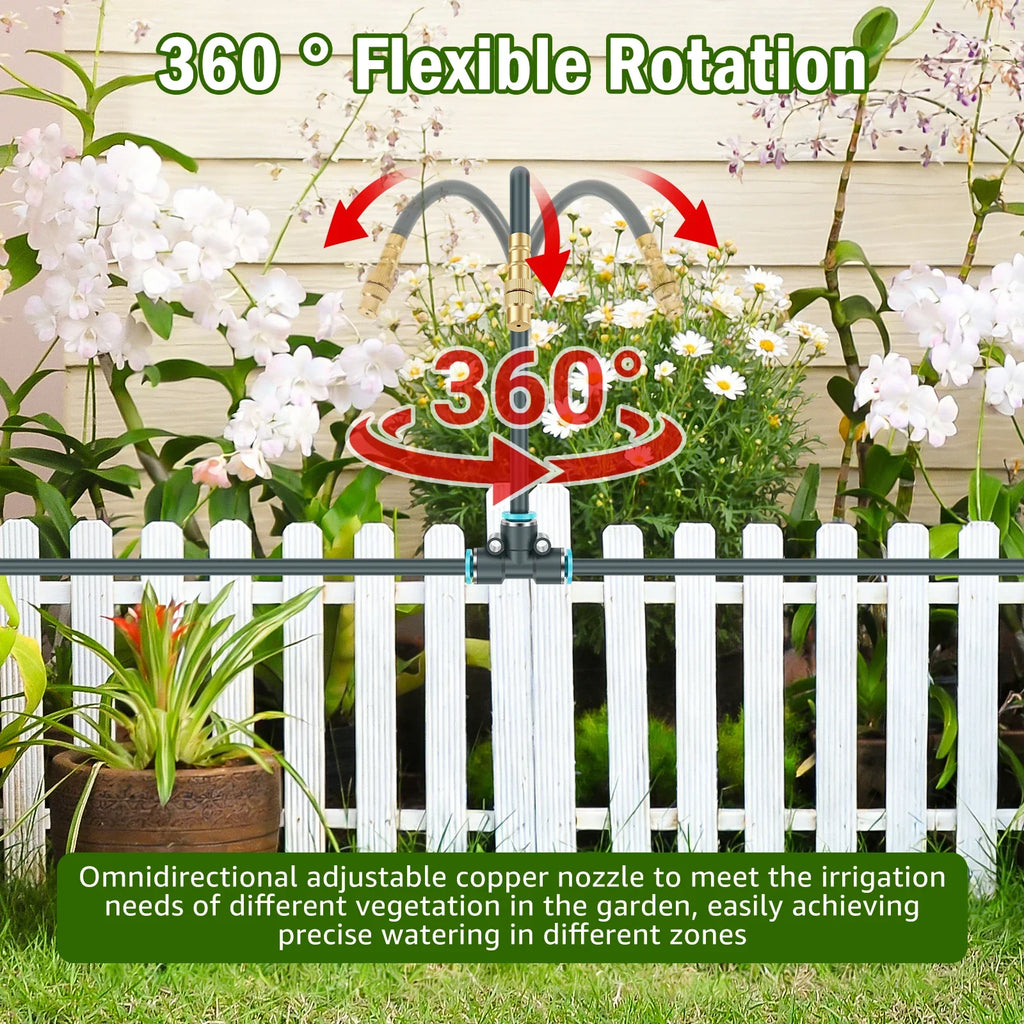30M 1/4inch Drip Irrigation System Garden Automatic Watering Kit with 360° Adjustable Copper Nozzles for Greenhouse Lawn