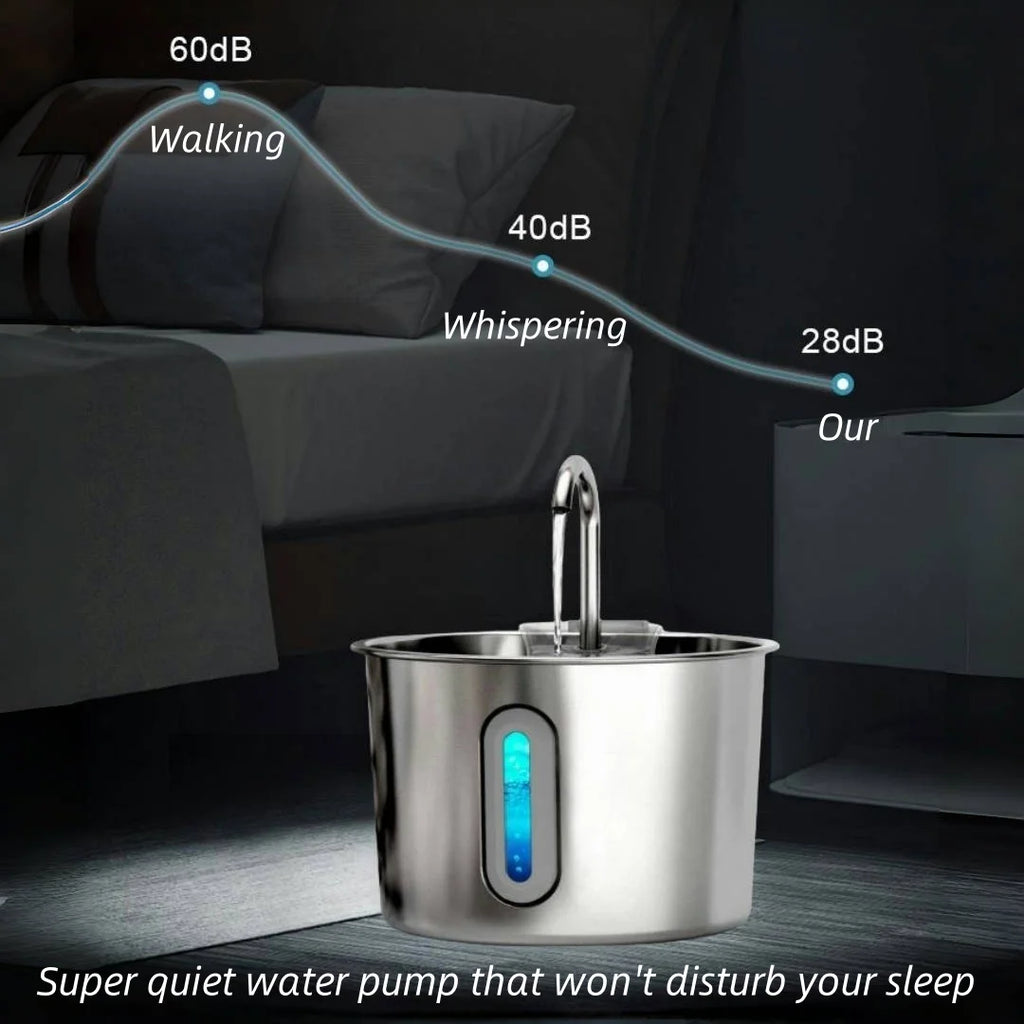 2.2L stainless steel cat water fountain with ultra-quiet pump for silent, filtered hydration for dogs and cats.