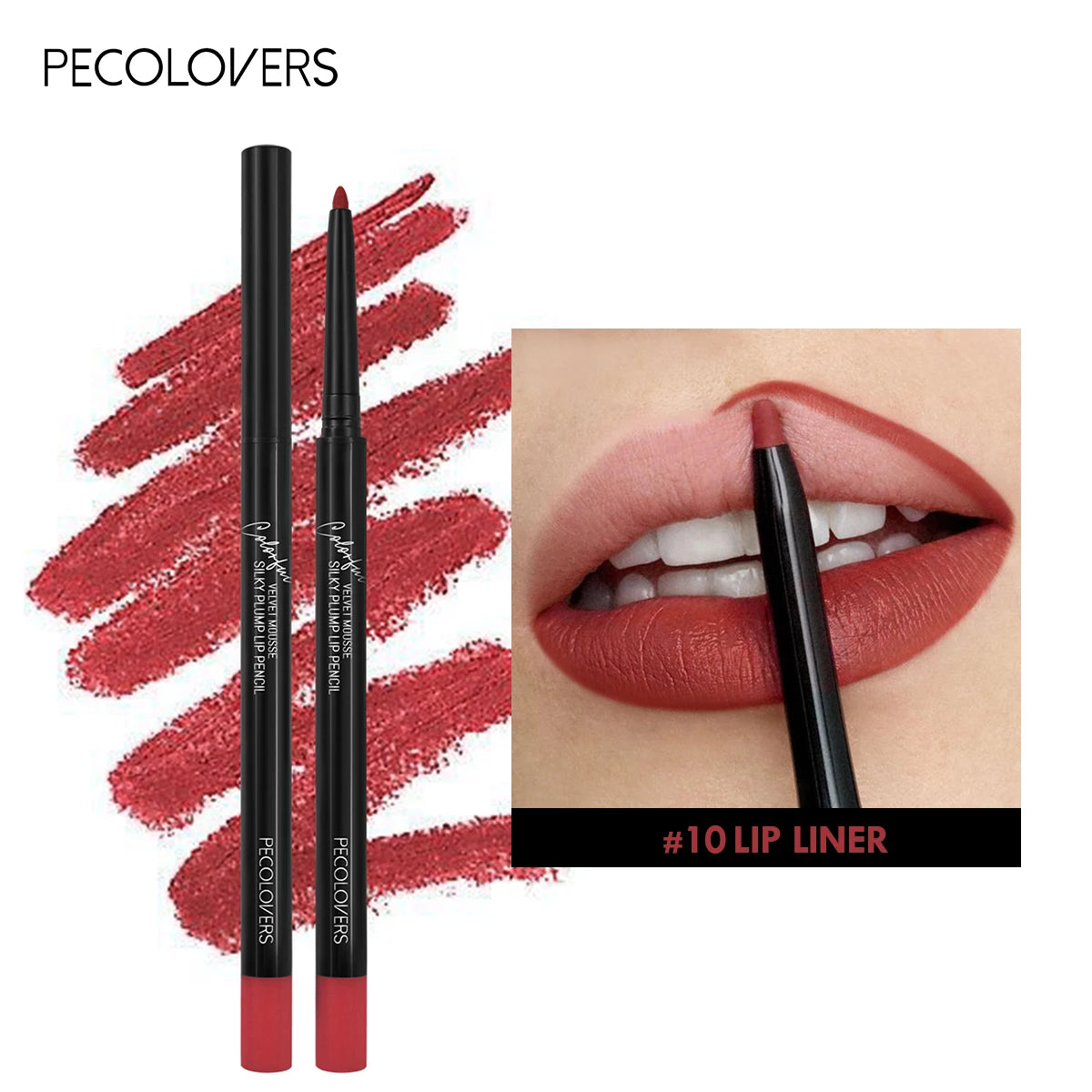 Matte red lip liner pencil by Pecolovers, waterproof long-lasting smudge-proof lip makeup with swatch and lip model.
