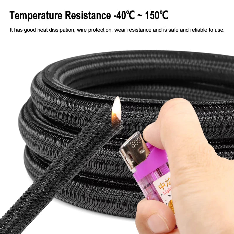 Black PET cable sleeve: heat-resistant, self-closing wire wrap for pet-proof chew protection and cord organization.