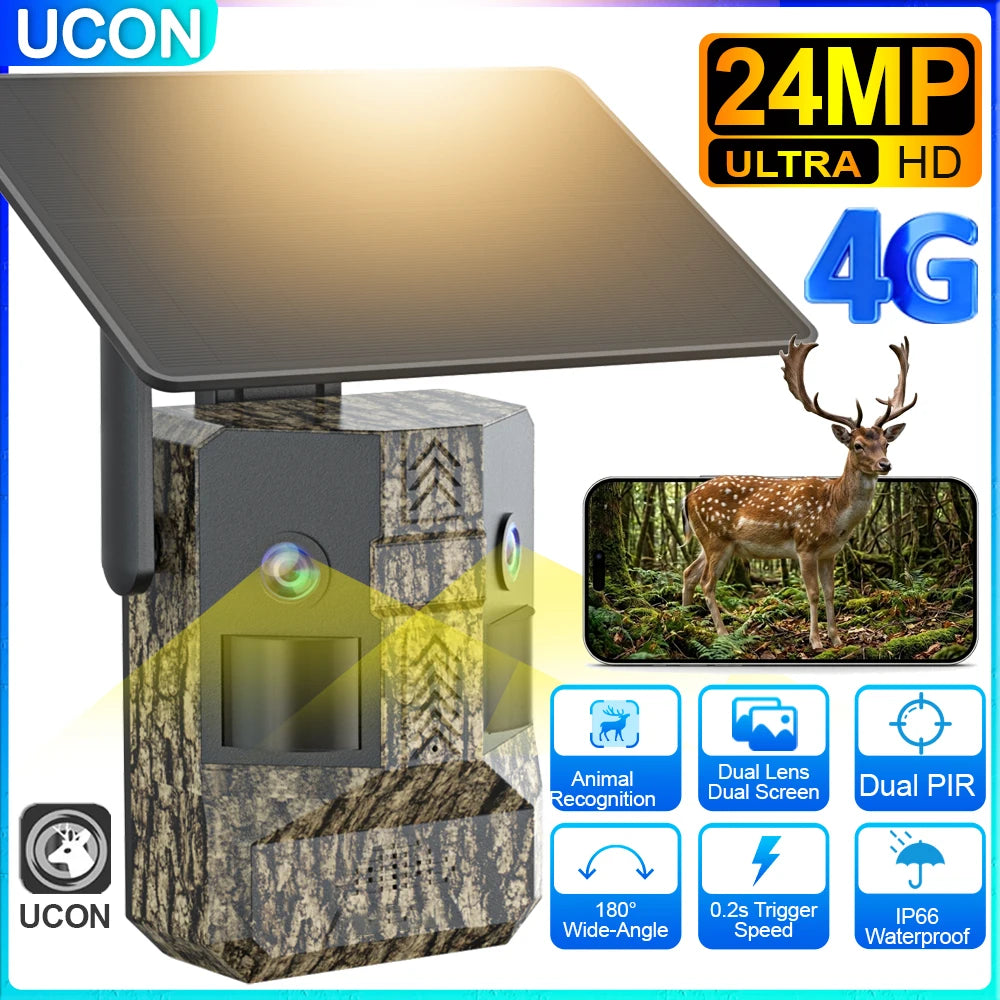 UCON 24MP Outdoor Solar Cellular Trail Camera Wildlife Camera Dual Screen Dual PIR Animal Detection 0.2s Triggered Night Vision