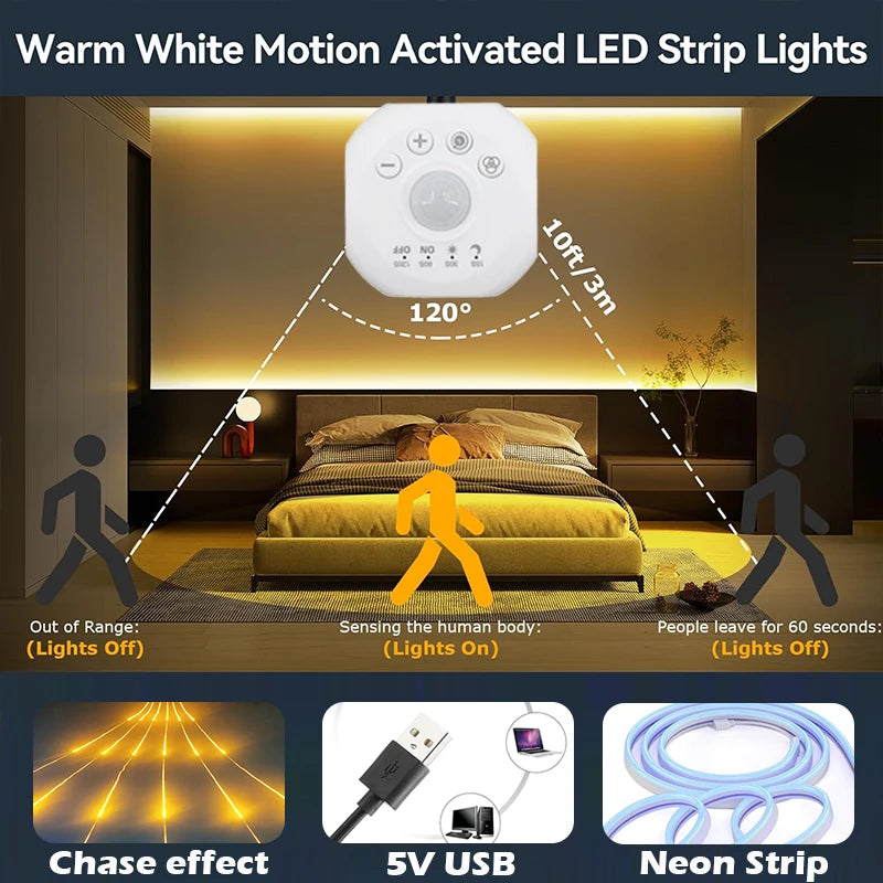Motion Sensor Stair Lights With Chase Effect Under Bed Lights Under Cabinet Lights, Motion Activated Led Light Strip for Home