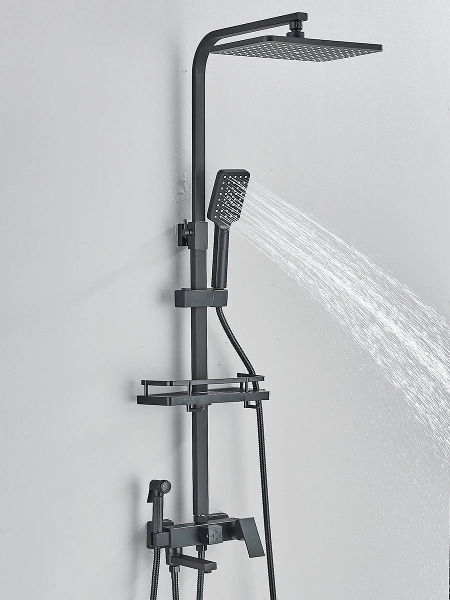 Black Chrome 3/4-way Shower Faucet Rainfall Shower Hot Cold Water Mixer Bidet Faucet Commodity Shelf For Bathroom Shower Mixer