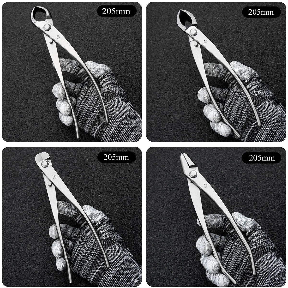 Silver bonsai pruning shears with loop handle on dark woven grip, tool set detail