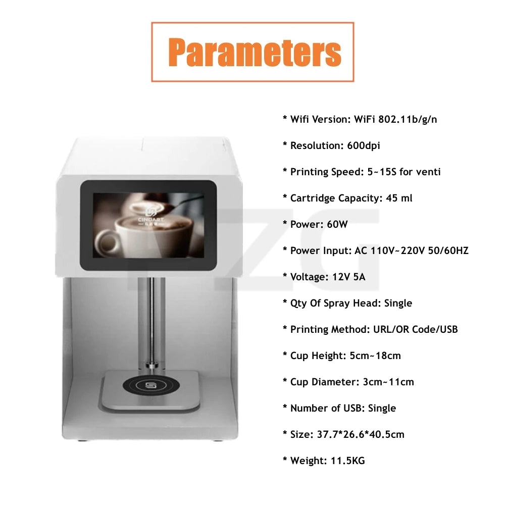Cindart white digital coffee printer with touchscreen display for latte art printing on cups up to 18cm tall.