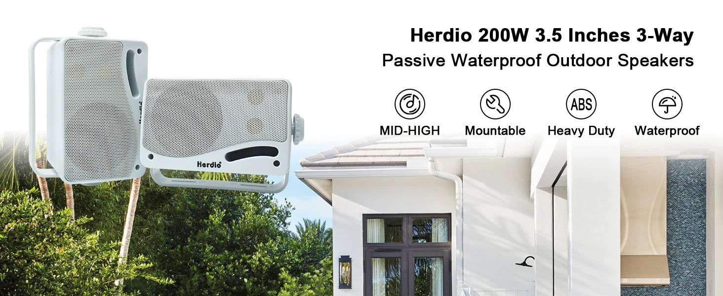 Herdio 3.5inch Outdoor Speaker 200W Waterproof Wall Mount Speakers HiFi Passive Wired 3 Way Premium Mountable Speake Black