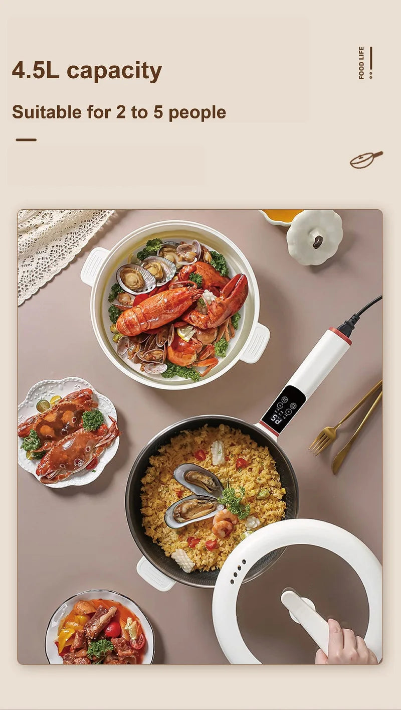 Large capacity electric cooking pot serving seafood and rice with matching white steamer bowl