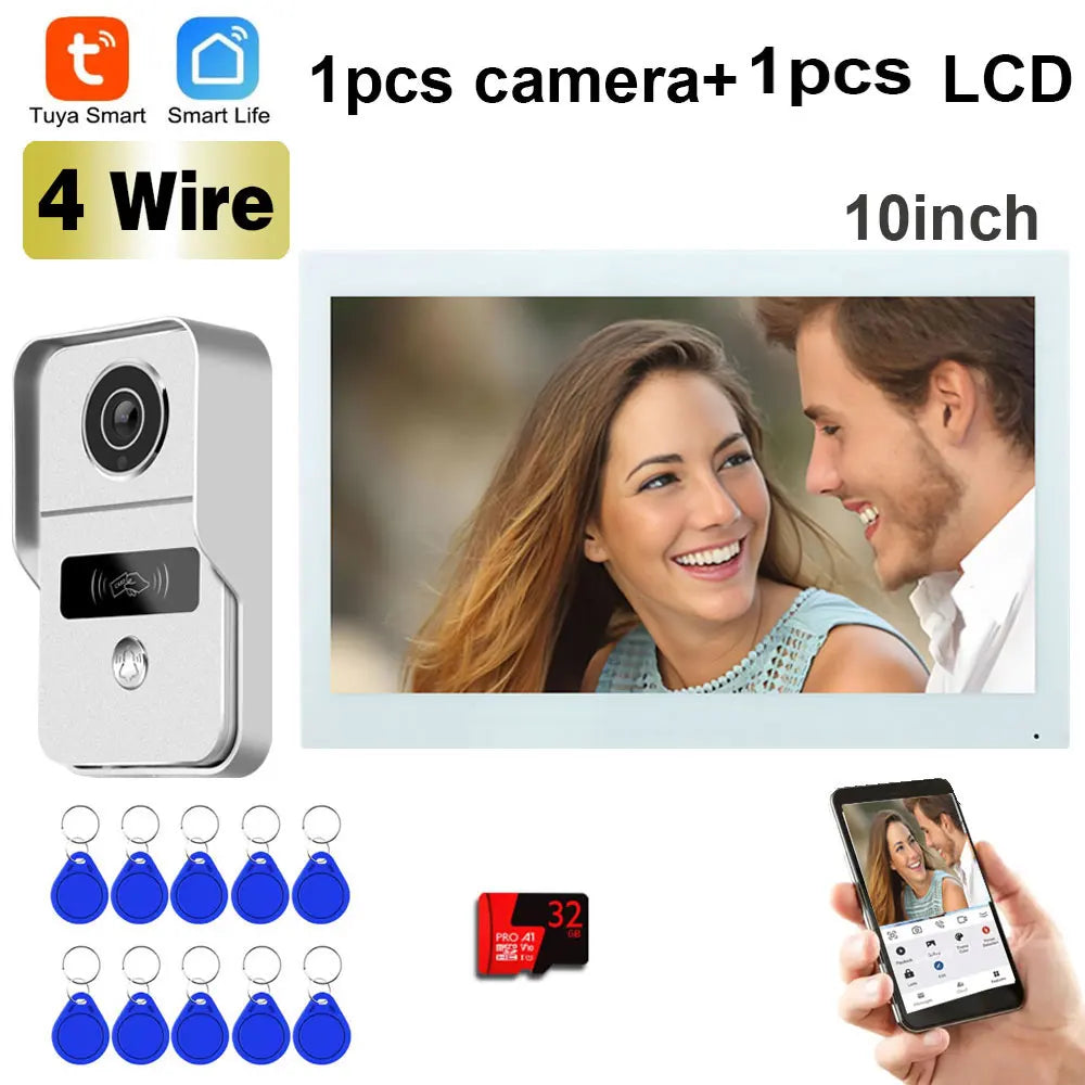 10-inch 4-wire video doorbell intercom kit with camera, key tags, and phone app