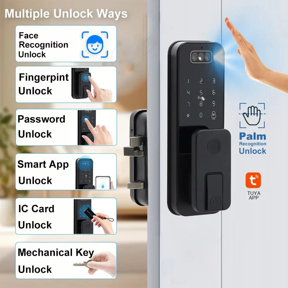 Outdoor Waterproof 3D Face Recognition Palm Scan Fingerprint Gate Lock Tuya Wifi App Password Digital Rechargeable Smart Lock