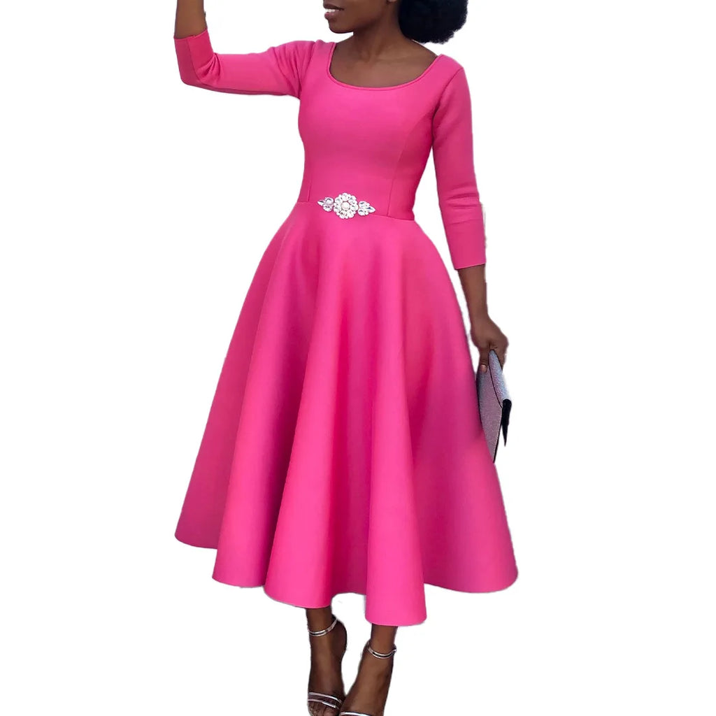 Elegant Pure Color Maxi Dress Evening Gown A- Line Skirt Polyester Fabric round Neck Short Sleeve High Waist Midi Dress