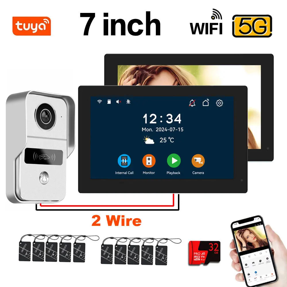 7 Inch Tuya Smart Wifi Video Entry Phone Intercom System 1080P 2 Wire Home Video Doorphone Doorbell RFID Card Unlock Apartment