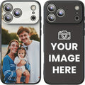 Two custom smartphone cases with camera lens cutouts: one showing a family photo, one with a placeholder for imagery.