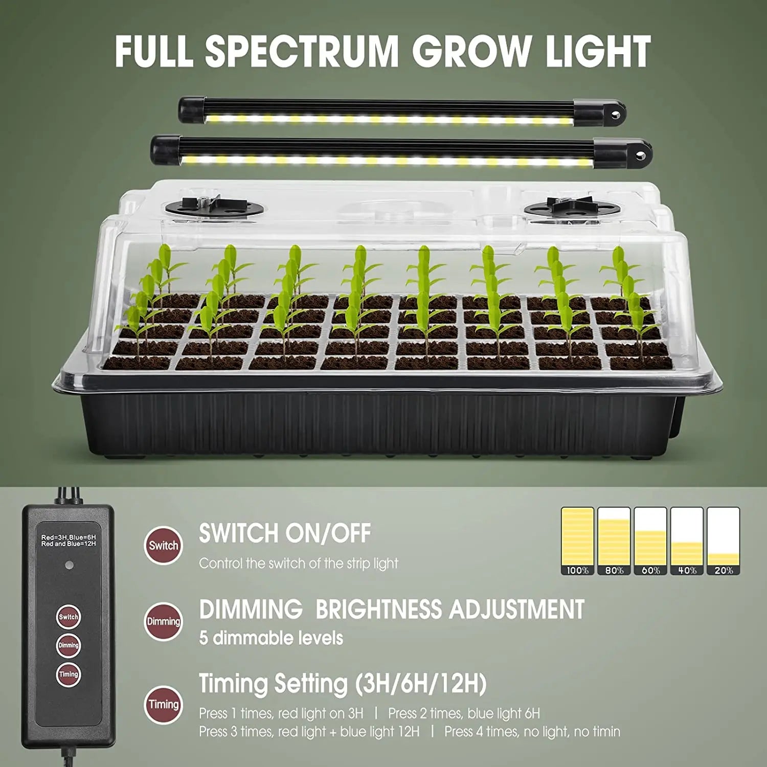 1 Set, Seed Starter Trays With 2 Long Strip Grow Lights, 40 Cells Seed Starter Kit With Humidity Dome For Home Gardene