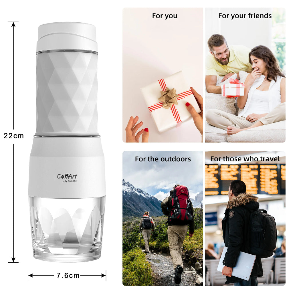 CoffArt by BioloMix white portable coffee maker, 22cm tall, geometric plastic and glass design for travel and gifts.