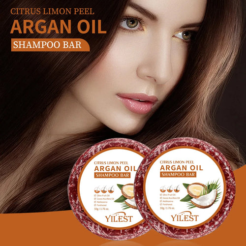 Argan Oil Shampoo Bar for anti-hair loss and frizz repair. Two plastic-free shampoo bars with citrus peel extract.
