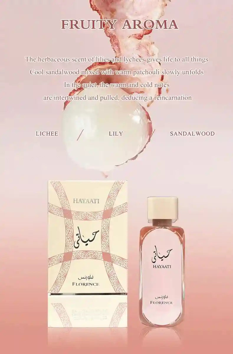 Hayaati Florence EDP: Arabic fruity scent with notes of lychee, lily, and sandalwood in a minimalist rectangular bottle.
