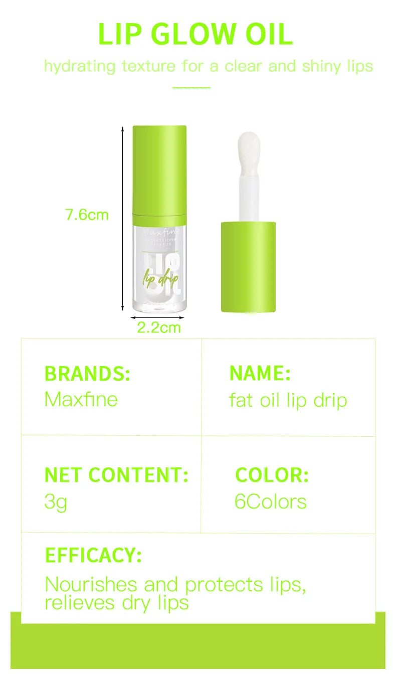 Maxfine Lip Drip clear hydrating lip gloss with high-shine, waterproof, and smudge-proof formula for glossy lips.
