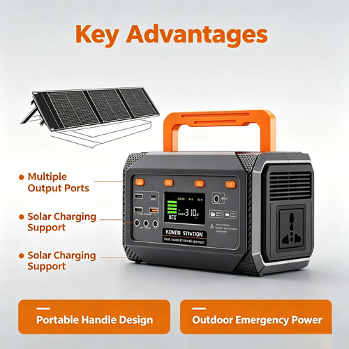 Portable 300W power station with orange handle, LCD screen, multiple output ports, and fold-out solar panel graphic.
