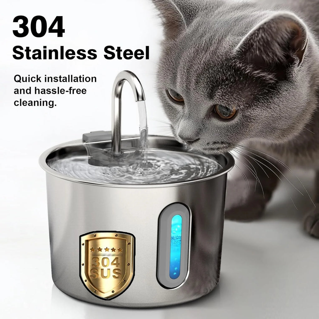 Cat drinking from a 2.2L stainless steel automatic water fountain with a filtered system for healthy pet hydration.
