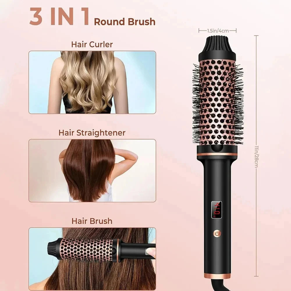 3-in-1 ionic hair curler and straightener brush with rose gold finish, digital display, and anti-scald design.