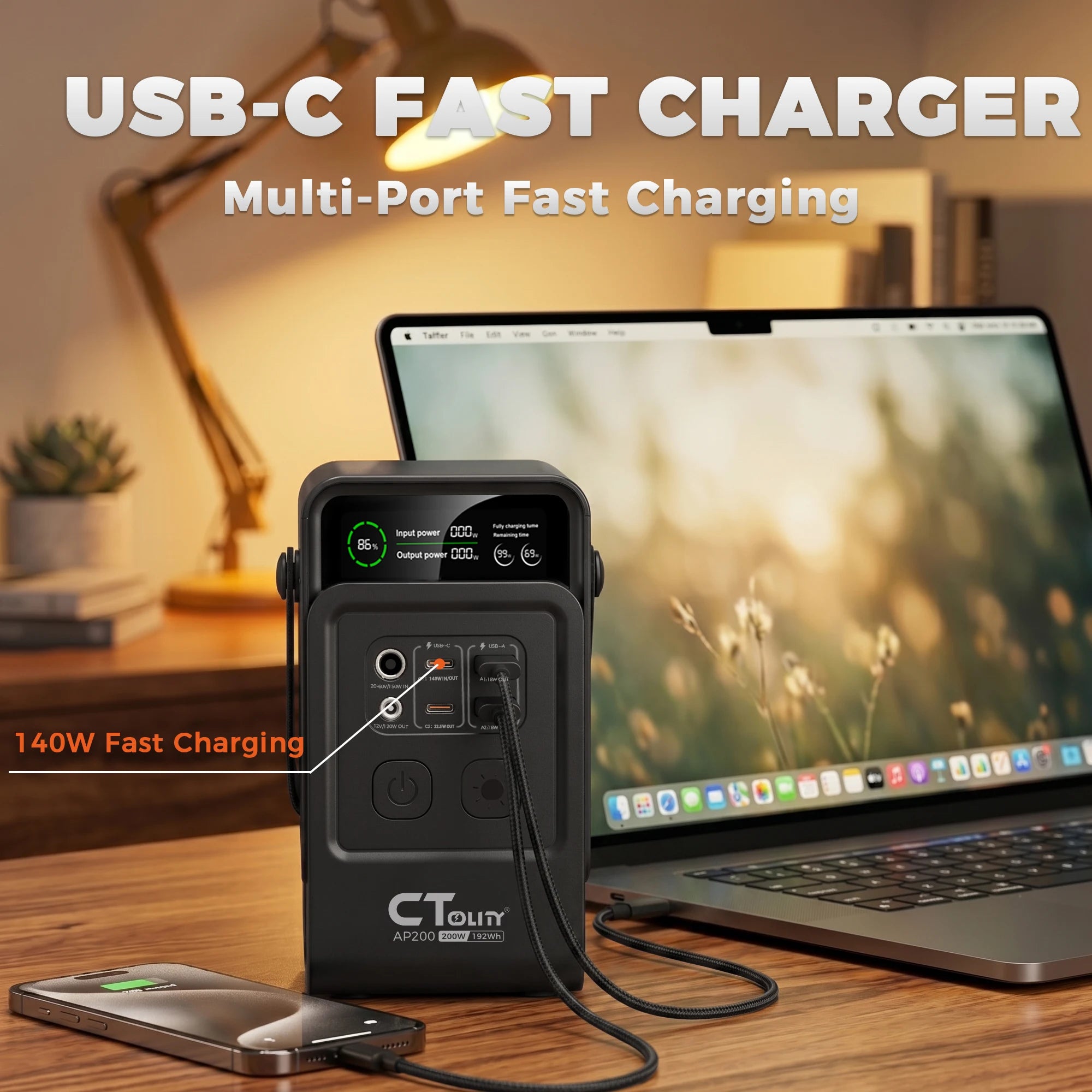 CTOLITY AP200 Handheld Portable Solar Generator 200W 192Wh Lifepo4 Battery 60000mAh Power Bank Camping 140W Ultra Fast Charging DC Charger