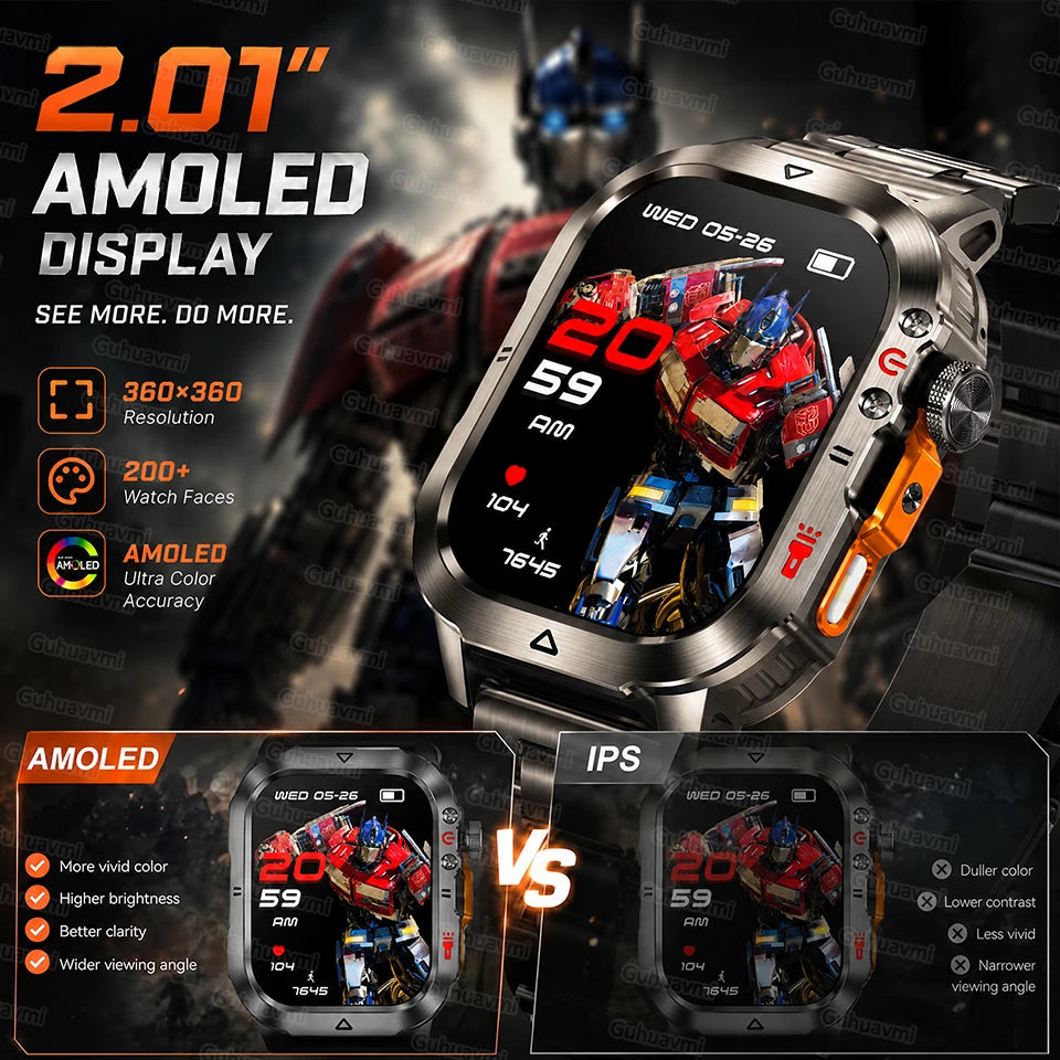New 1000 MAh Battery Military Smartwatch 2.01" AMOLED Screen 5ATM Waterproof Fitness Tracker Sports Smart Watch For Android iOS