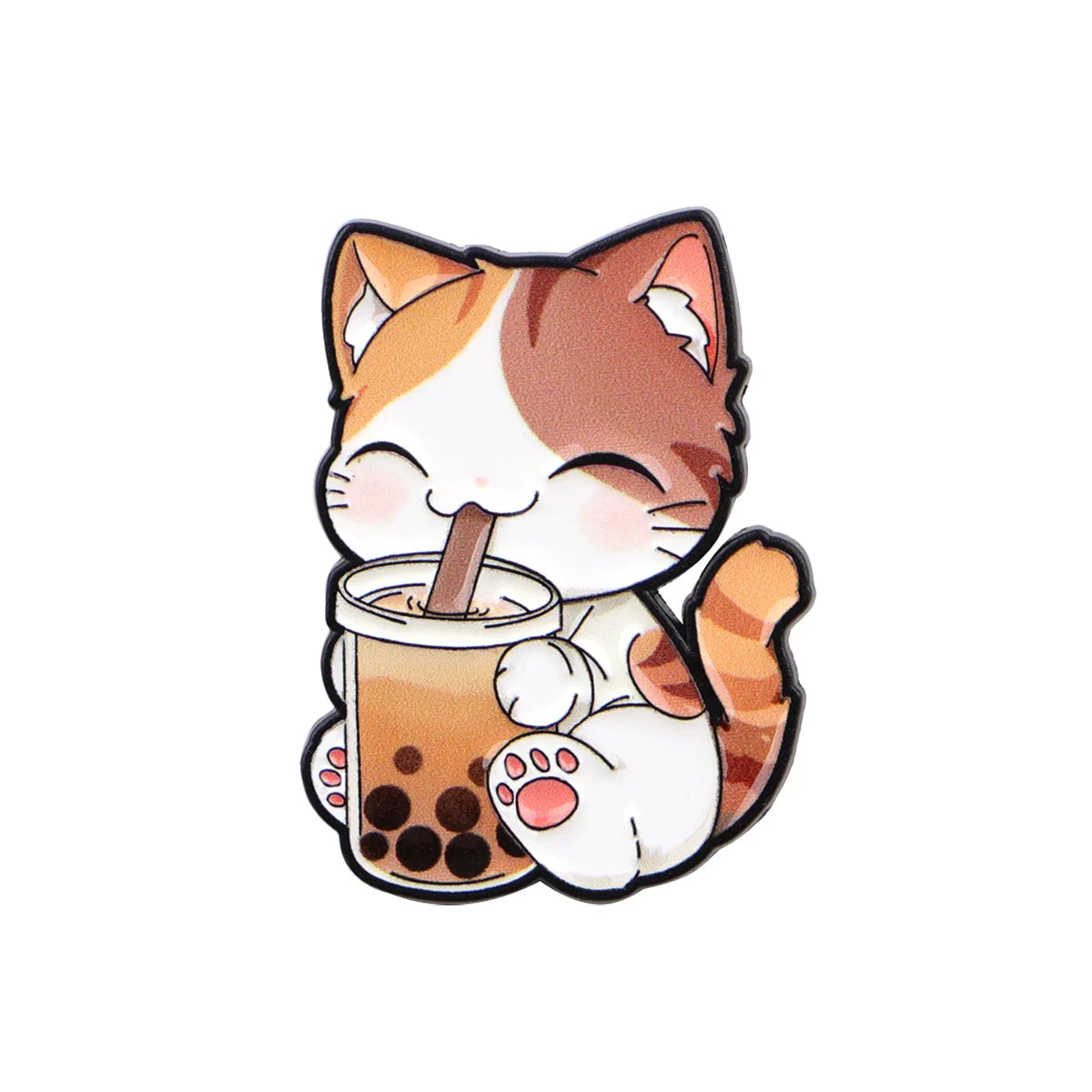 Cute calico cat enamel pin drinking boba tea. Durable lapel brooch for backpacks, fashion accessories, or cat lover gifts.
