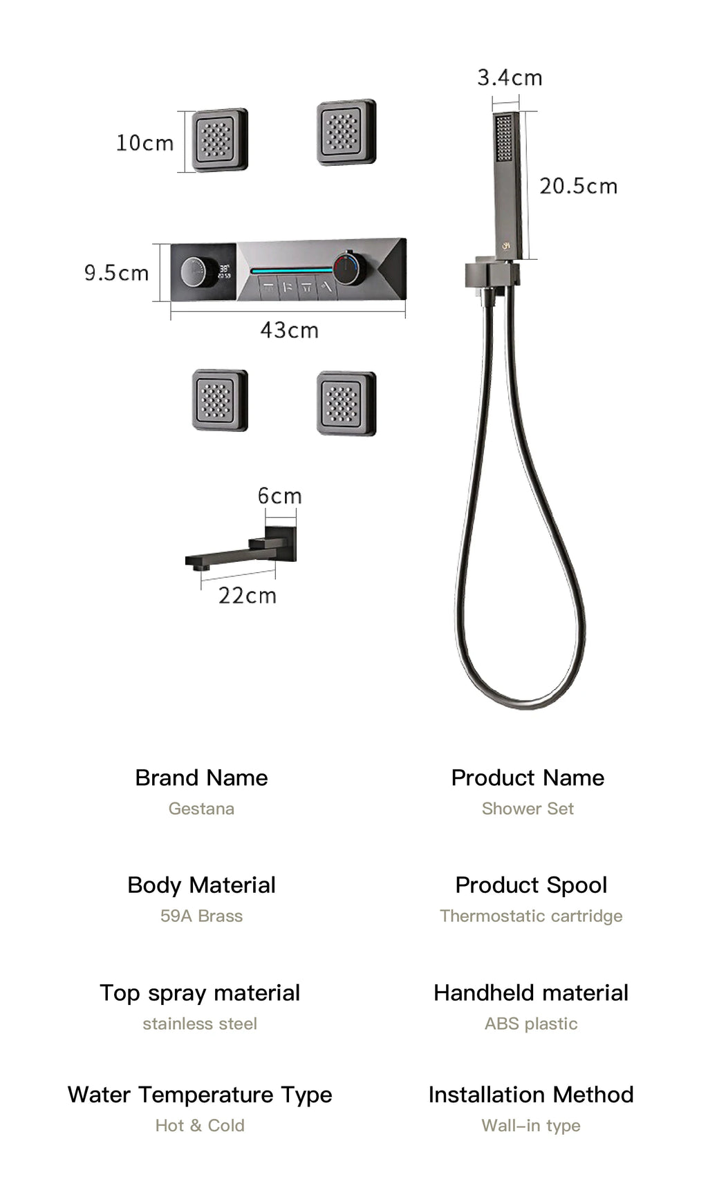 Gunmetal Gray Ceiling Mounted 4-Function Waterfall Shower System with Embedded Brass Thermostatic LED Display Body for Bathroom