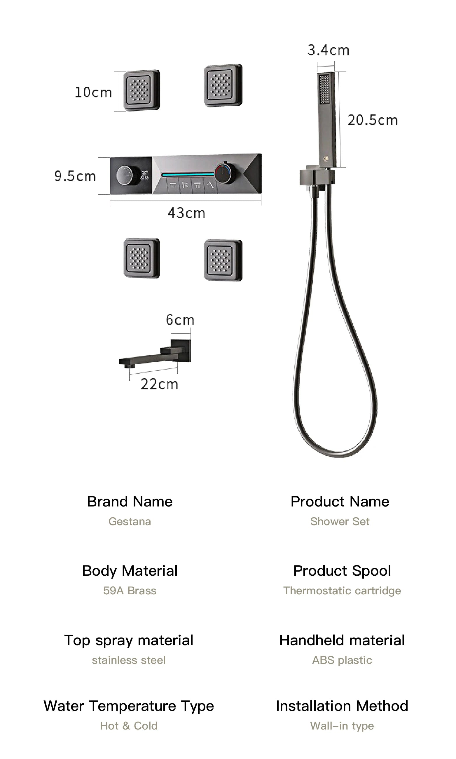 Gunmetal Gray Ceiling Mounted 4-Function Waterfall Shower System with Embedded Brass Thermostatic LED Display Body for Bathroom
