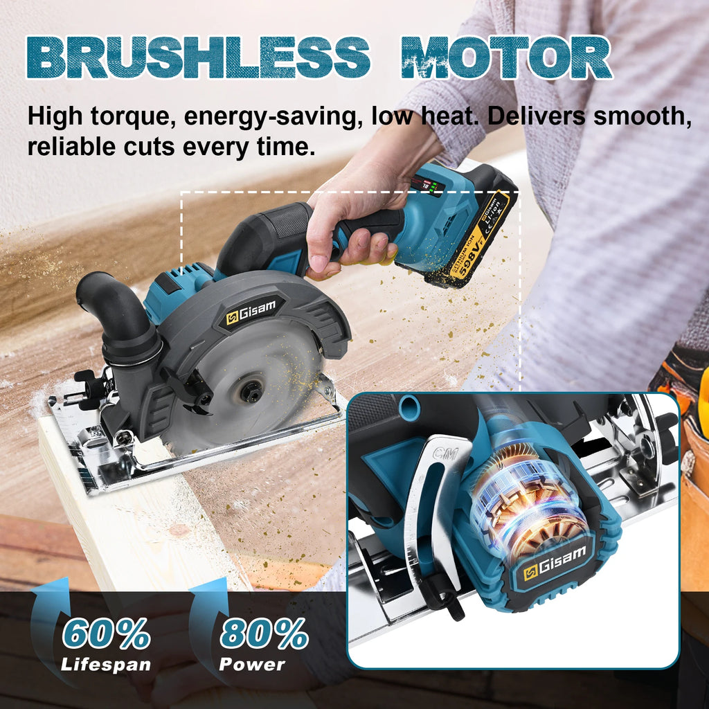 Gisam 165mm 10000RPM Brushless Electric Circular Saw Cordless Adjustbale Angle Woodworking Power Tool For Makita 18v Battey Pins