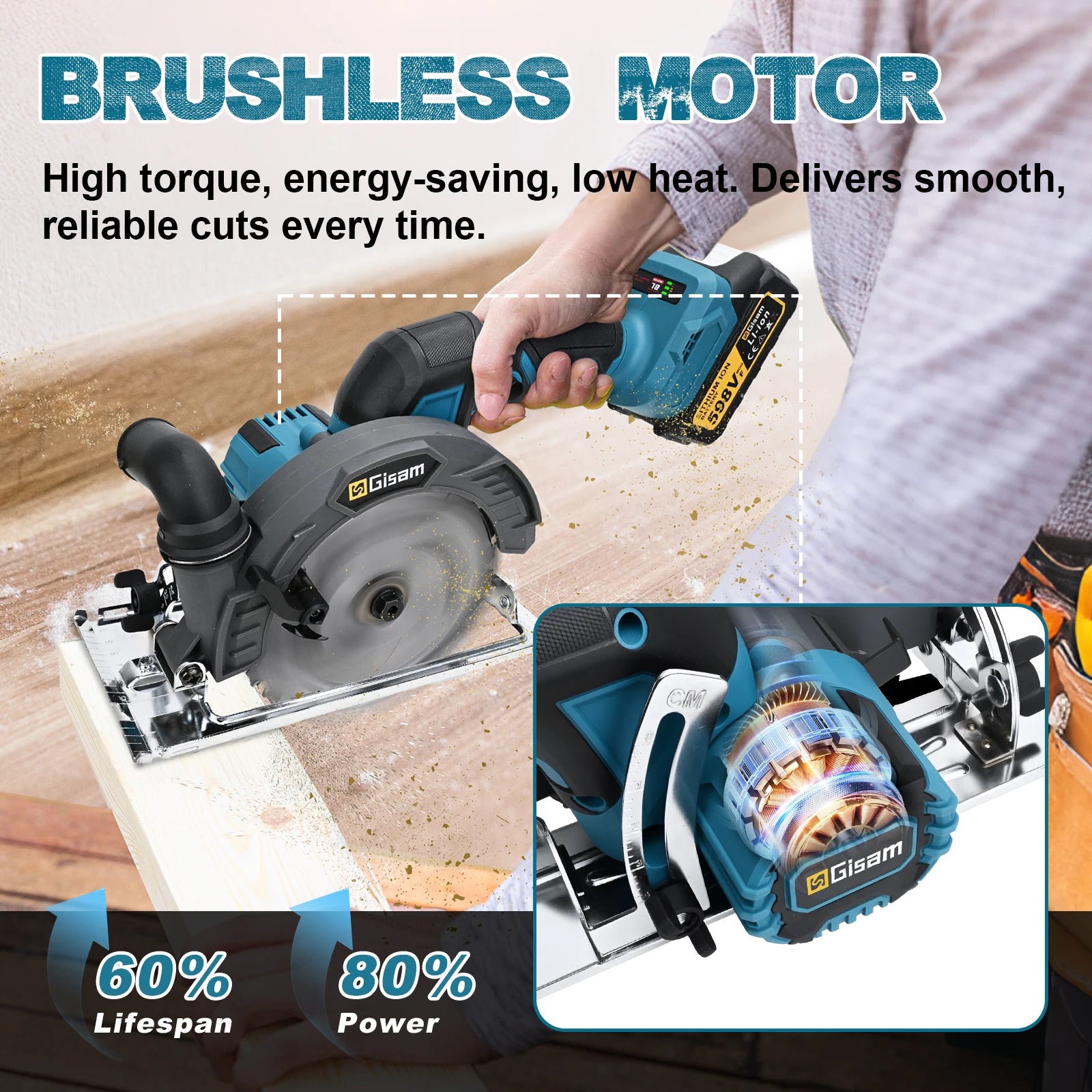 Gisam 165mm 10000RPM Brushless Electric Circular Saw Cordless Adjustbale Angle Woodworking Power Tool For Makita 18v Battey Pins