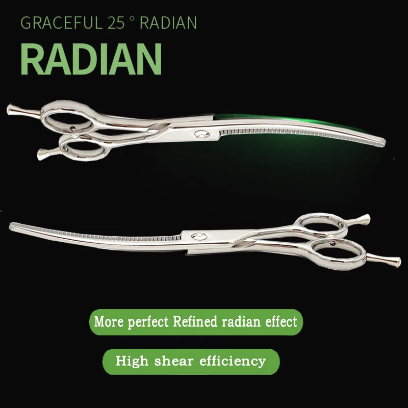 7-inch silver fishbone curved dog grooming shears for precise pet hair trimming and high-efficiency styling.