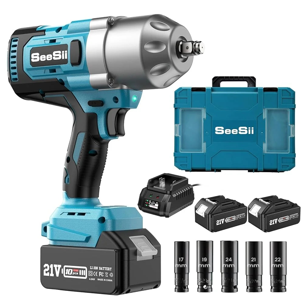 SeeSii 900Nm 1000Nm 1300Nm Cordless Impact Wrench Brushless Electric Impact Gun Kit Battery Powered Tool For Car Tire Repair with 2*4.0Ah Batteries Case LED Light For Makita