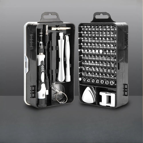 Precision screwdriver and Torx bit repair kit in black-and-silver case, tools shown