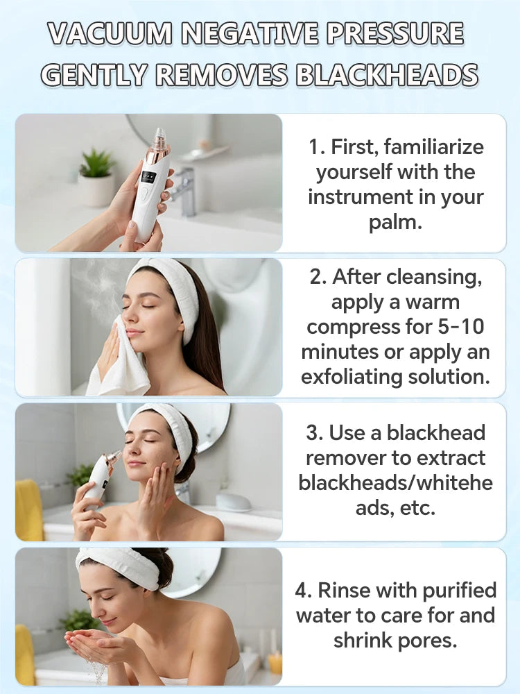 White and rose gold pore vacuum blackhead remover tool demonstrating 4-step face cleaning routine for skin care.