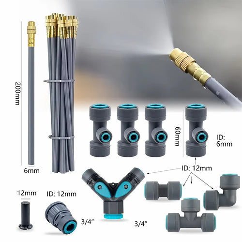 Gray PE hose kit with 3/4-inch tap joints, blue quick couplers, and brass nozzle