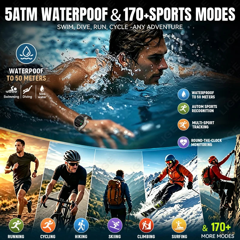 LIGE 5ATM Waterproof GPS Smart Watch Heart Rate Blood Oxygen 500mAh Battery Fitness Outdoor Offline Map Smartwatch Men Women