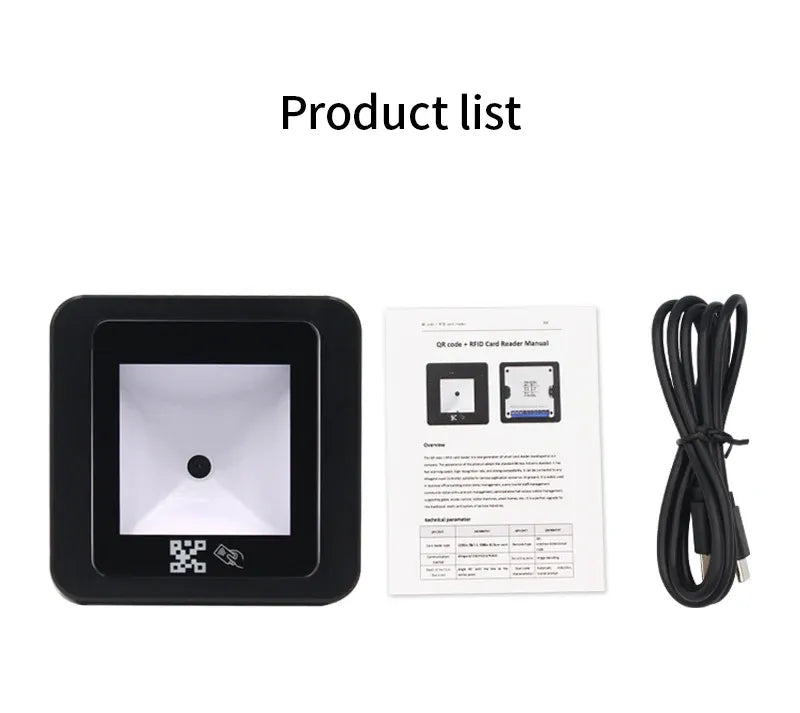 Black QR/RFID reader kit with manual and black connecting cable