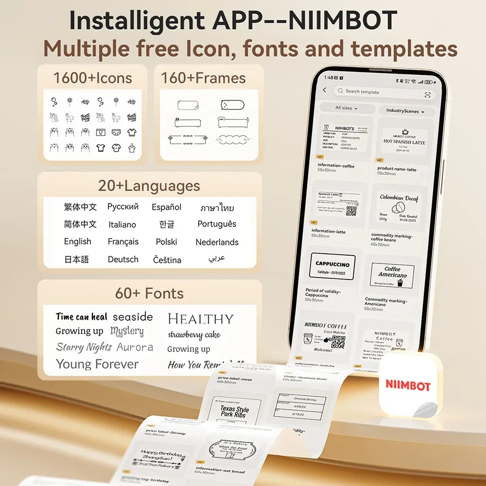 Label printer app templates and icons for designing printable label layouts