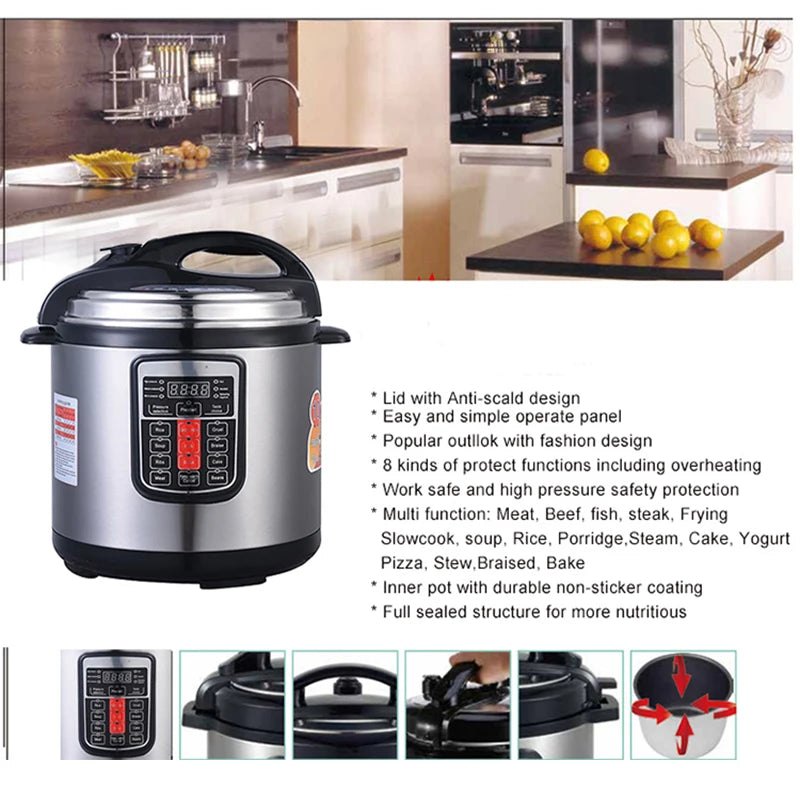 Silver electric pressure cooker with anti-scald lid and control panel