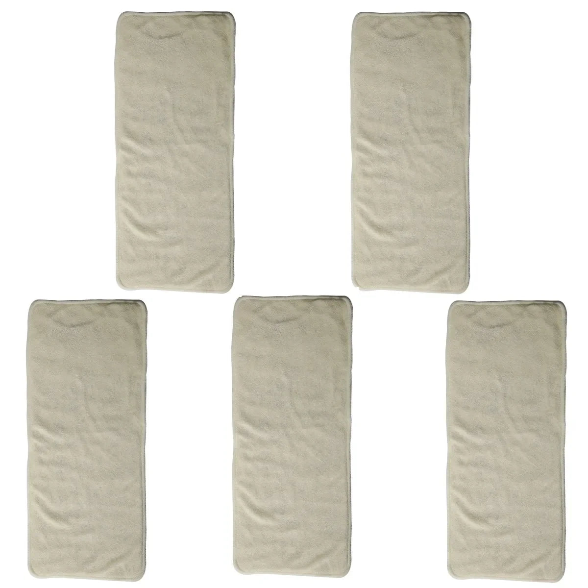 Set of 5 beige bamboo cloth diaper inserts for baby care.