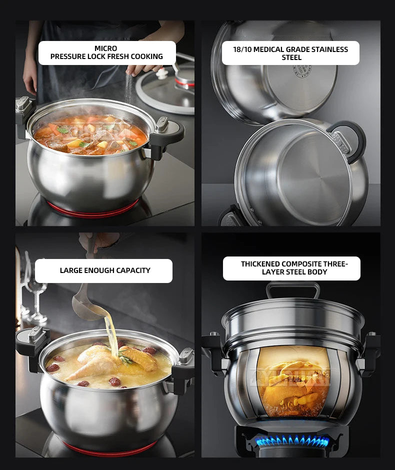 Collage of stainless steel pressure cooker features: steaming, size, and open lid
