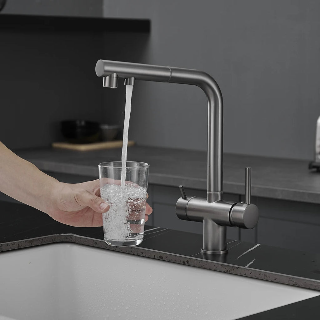 White Hot Cold Filter Kitchen Sink Faucets 3 Ways Pure Water Pull Out Kitchen Sink Mixer Tap Brass Filter Kitchen Sink Faucet