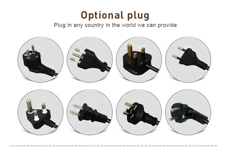 Selection of eight different international power plug adapters for global coffee and tea maker compatibility.