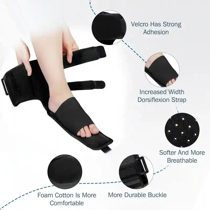 Black plantar fasciitis night splint with adjustable straps, breathable foam, and durable buckle for foot pain relief.